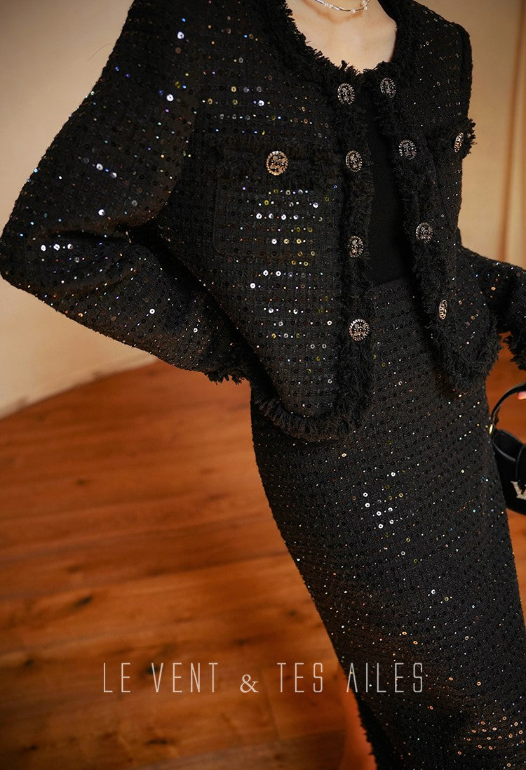 LE VENT&TES AILES High-end Luxury Heavy Work sequin Tweed Jacket Skirt Suit-FINN
