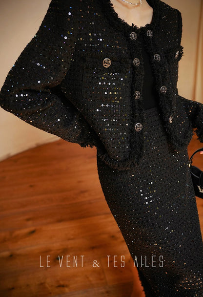LE VENT&TES AILES High-end Luxury Heavy Work sequin Tweed Jacket Skirt Suit-FINN
