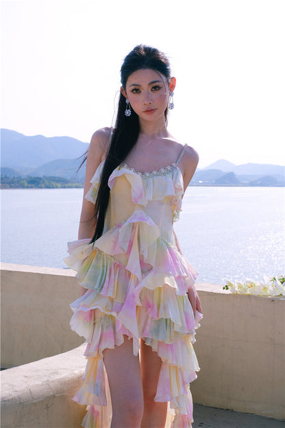 Wardrobes by Chen Elegant Sleeveless high low layered Long Multi Color Dress-Gainn