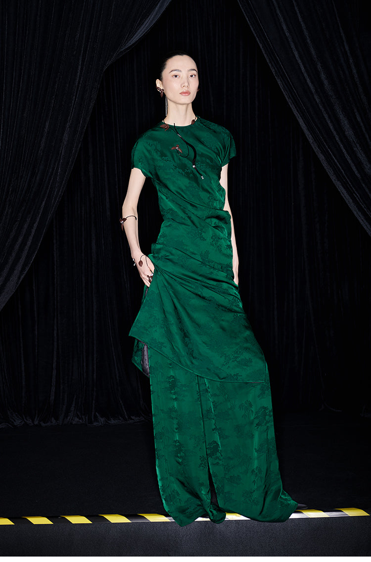 M essential Mackay designer emerald green Jacquard asymmetric top pants set - yellow.