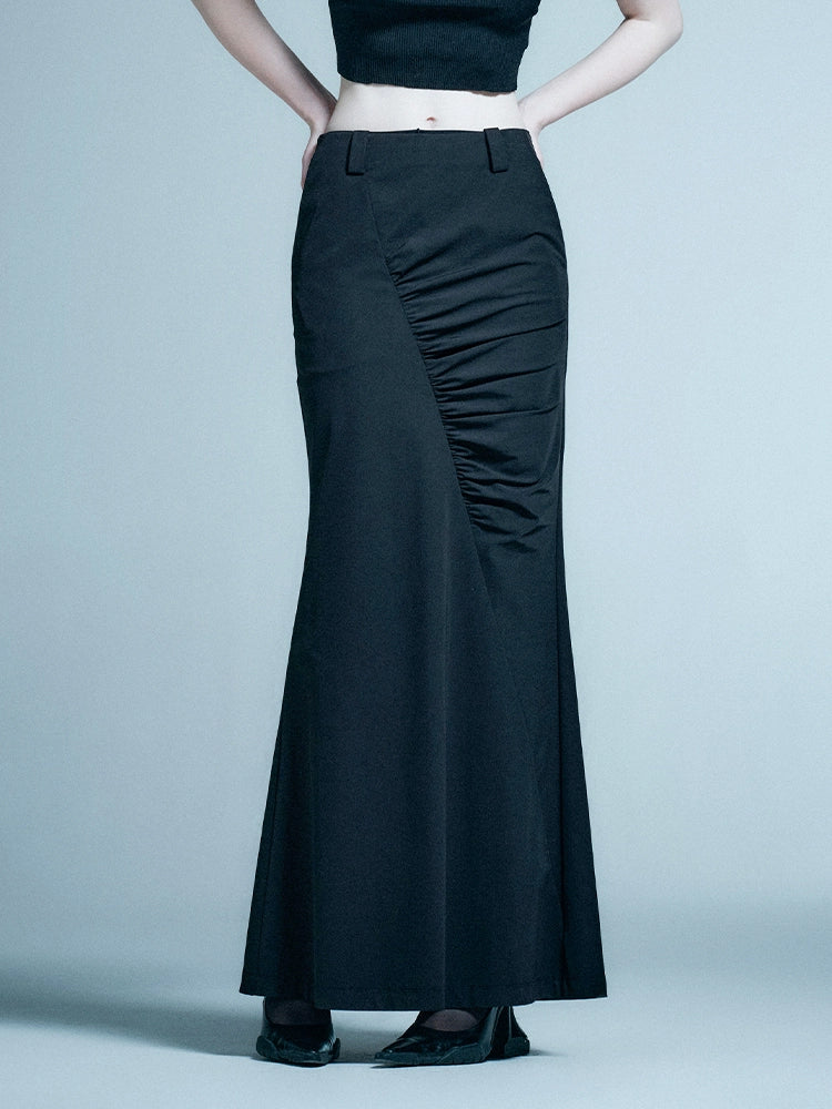 ANNAKIKI designer black asymmetrical pleated mid-rise mermaid skirt-LAUFEY