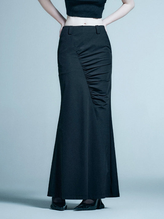ANNAKIKI designer black asymmetrical pleated mid-rise mermaid skirt-LAUFEY