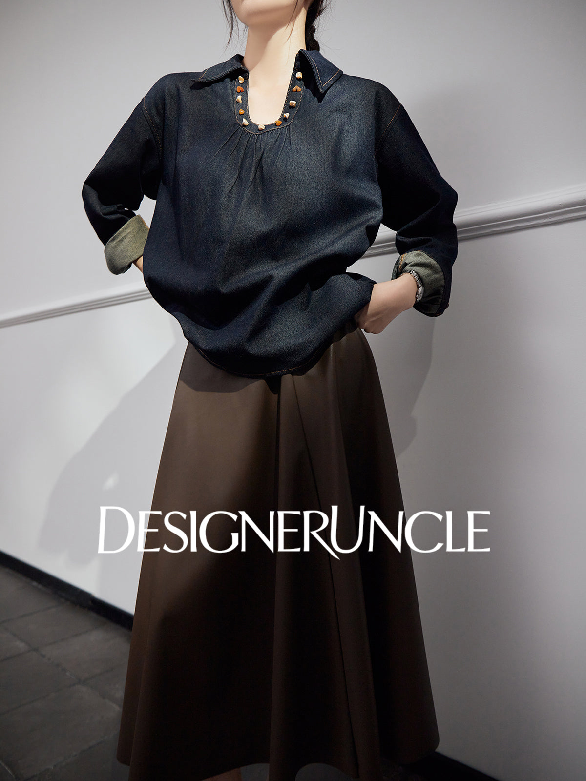 DGU "Fog Shadow" Denim New Retro Velvet Loose Slimming Commuter Top - SENT.