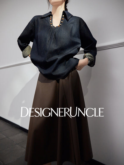 DGU "Fog Shadow" Denim New Retro Velvet Loose Slimming Commuter Top - SENT.