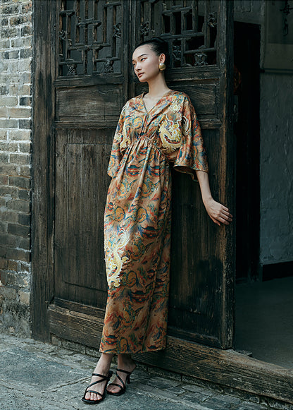 HECO Chinese Waist Cinched V-Neck Dress - QIN