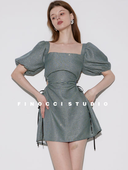Women's Tweed Sequin Fabric Open Waist Fluffy Dress -Delima