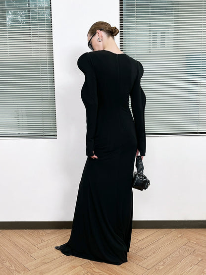 ANNAKIKI acetic acid wavy sleeve hollow V-neck dress-CHARMAINE