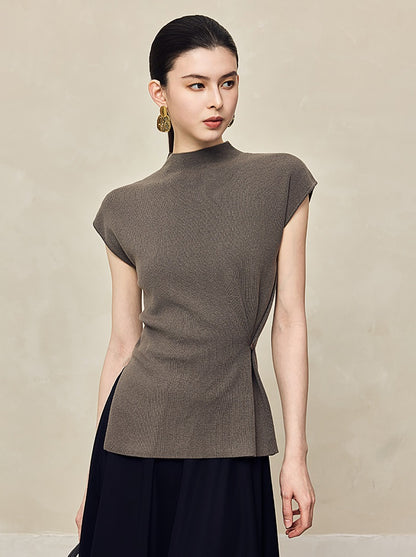 HECO Waist Side Buckle Stand Collar Knitted Short Sleeve Top- BLOOD.