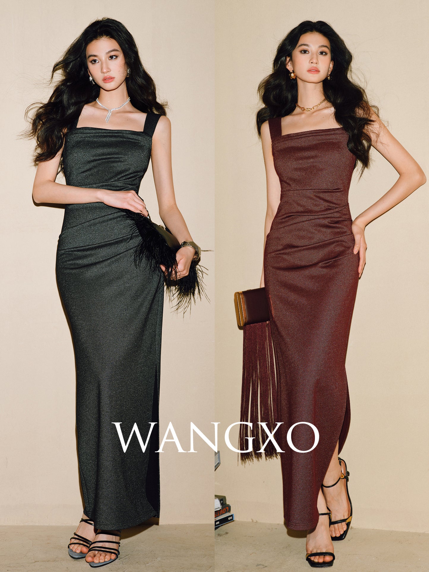 WANGXO | Shiny Silk Stretch Roman Knitwear Square Neck Hip Dress-MIRE.