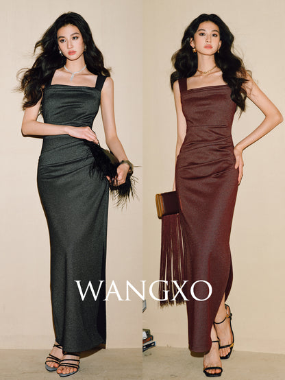WANGXO | Shiny Silk Stretch Roman Knitwear Square Neck Hip Dress-MIRE.
