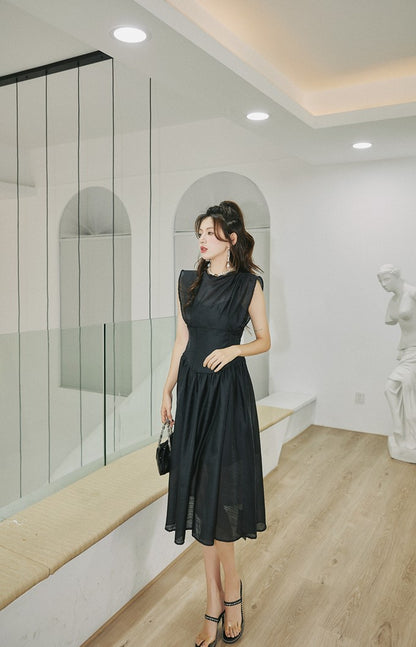 DOLLY High End Black Retro Flying Sleeve Pleated High Waist Midi Office Dress-BRANCA