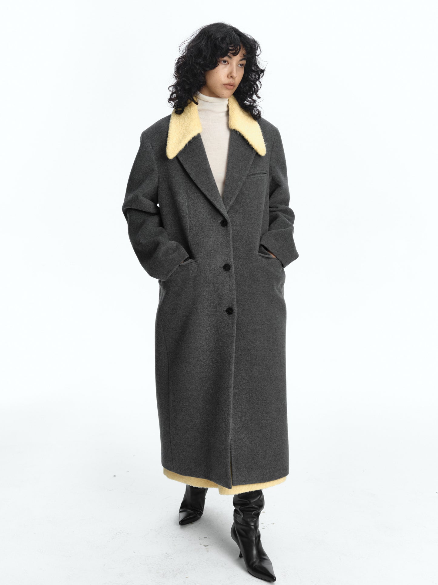 SERRER Light Yellow Gray Wool Coat with Detachable Fur Collar - ZAINAB.