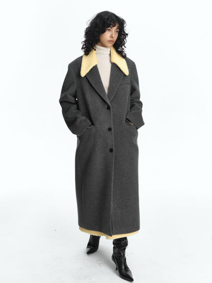 SERRER Light Yellow Gray Wool Coat with Detachable Fur Collar - ZAINAB.