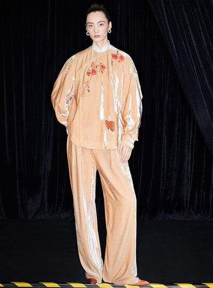 M essential Marquette Rulang velvet dahlia Thai lion goldfish studded bead shirt - BAO.