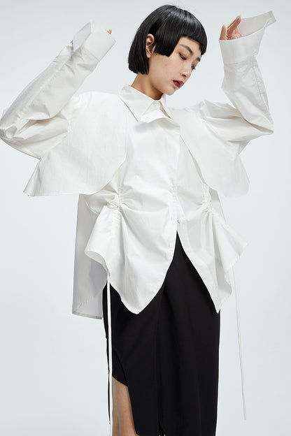 TINY IN  two irregular drawstrings waist cinching blue white shirts-DANTE