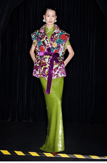 M essential Mackay luxury multi-color embroidered gilet vest top sequin green skirt - twelve