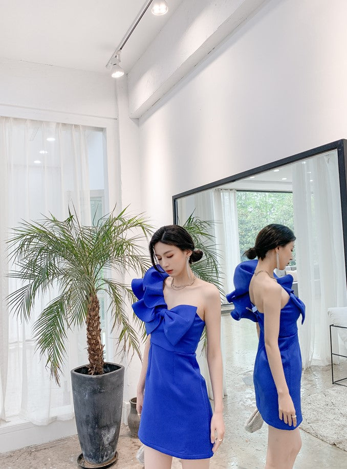 DOLLY Luxury Slant Collar Sleeveless Big Bow Ruffle Short Birthday Dress-MAYE