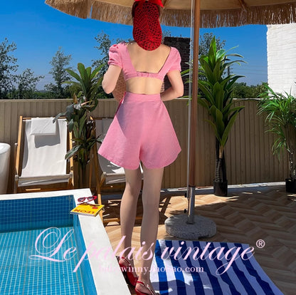 Le Palais  Red Small Padded Sleeve Short Top High Waist Shorts-GAM.