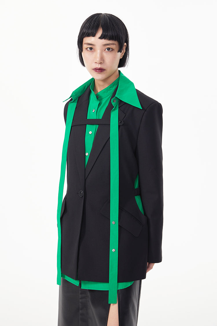 TINYIN  waist silhouette blazer women's one-button mid-length green black-ZYN