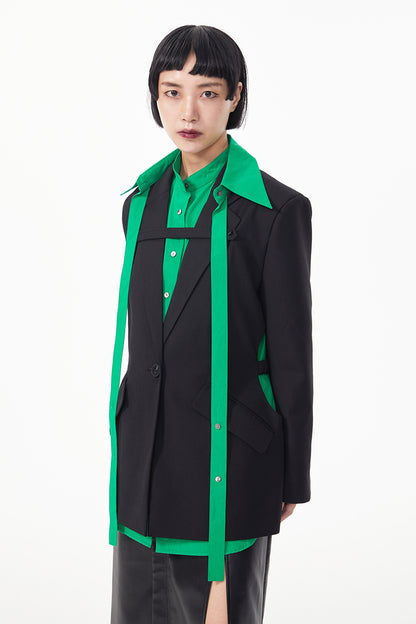 TINYIN  waist silhouette blazer women's one-button mid-length green black-ZYN