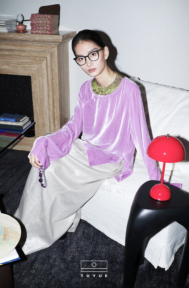 TUYUE Lilac Purple Silk Velvet Long Sleeve Loose Top- SHEENA.