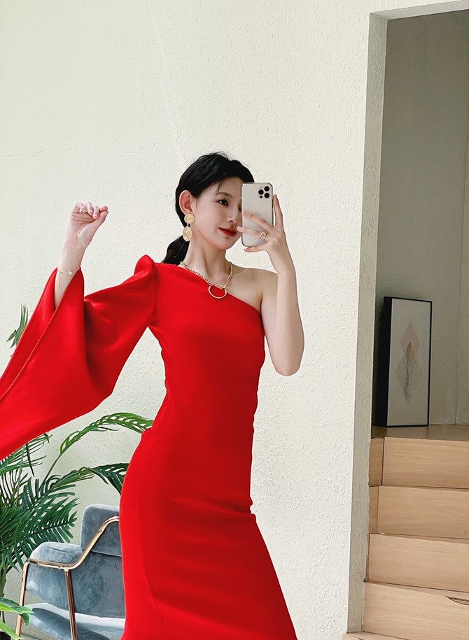 DOLLY Elegant One Shoulder Long Trumpet Sleeve Slim Fit Wedding Guest Dress-MALA