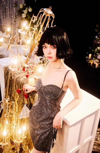 DOLLY Luxury Sleeveless One Shoulder Hollow Sequin Sexy Party Dress-THALEIA