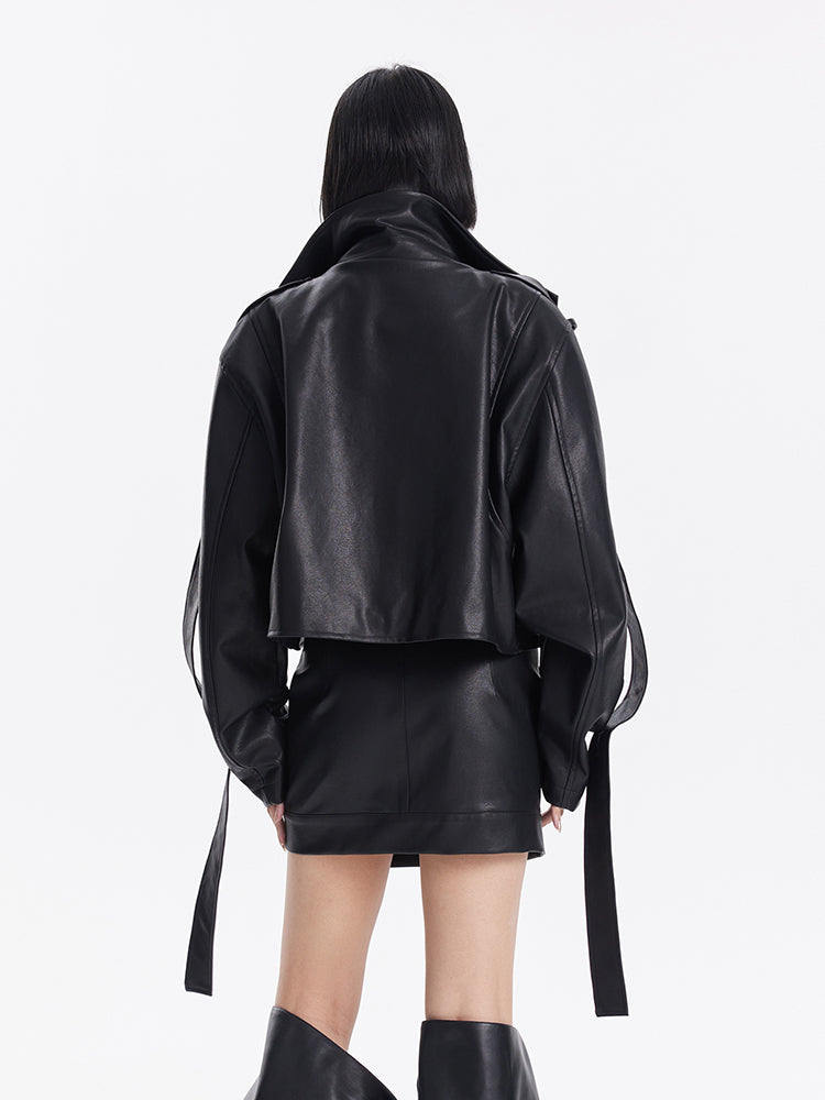TINY IN cross belt pu leather black skirt -DASHY