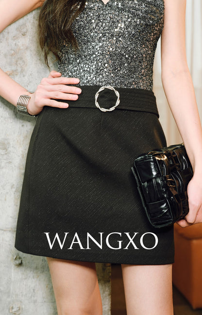 WANGXO Twill with Sequined Silk Wide Belt A-Line High-Waisted Short Skirt - NYXIE.