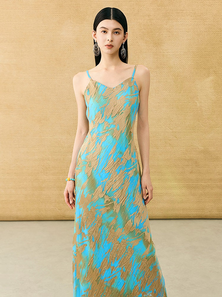 HECO Chinese style devored flower suspender dress - SKY.