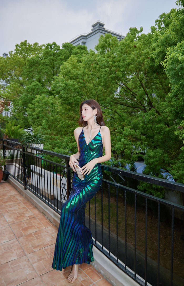 DOLLY Elegant Green Sleeveless Cross Backless Body Hug Long Sequin Dress-ENYA L / Brown DOLLY Elegant Green Sleeveless Cross Backless Body Hug Long Sequin Dress-ENYA L / Brown