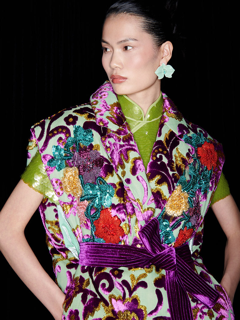 M essential Mackay luxury multi-color embroidered gilet vest top sequin green skirt - twelve