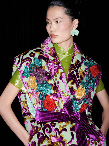 M essential Mackay luxury multi-color embroidered gilet vest top sequin green skirt - twelve