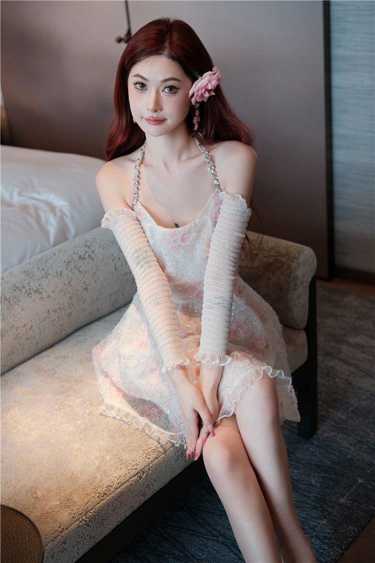 Wardrobes by Chen Elegant Pink Halter Long Sleeve Flower Dinner bridal Dress-Gika