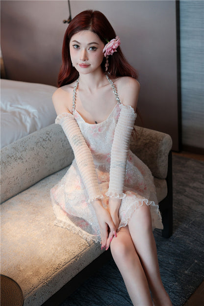 Wardrobes by Chen Elegant Pink Halter Long Sleeve Flower Dinner bridal Dress-Gika