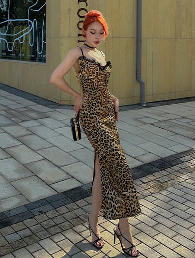 Le Palais Vintage sensual elegant leopard print faux silk satin slim wrap maxi dress-ASTA