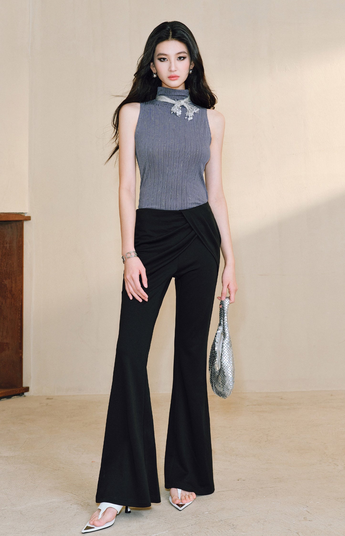 WANGXO Smooth Modal Cupro Beads Low-Waisted Slim Flared Layered Pants - SELMA