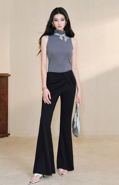 WANGXO Smooth Modal Cupro Beads Low-Waisted Slim Flared Layered Pants - SELMA