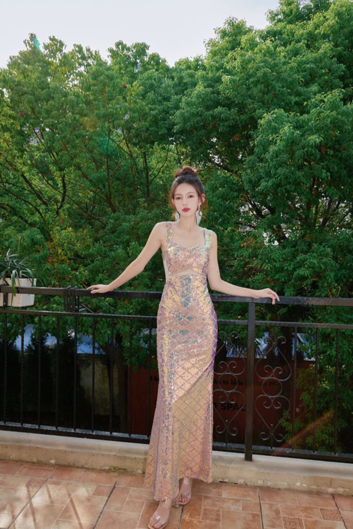 DOLLY Elegant V-Neck Sleeveless High Waist Long Fish Tail Banquet Dress-PHANIE