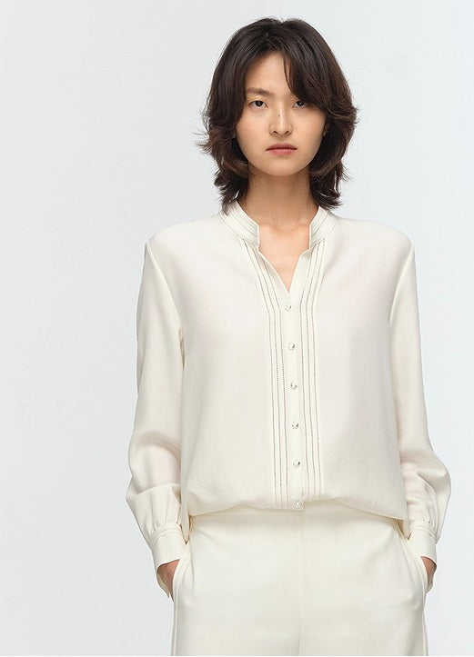COMME MOI Lu Yan Designer's new women's commuter silk long-sleeved stand-up collar shirt - POWER.