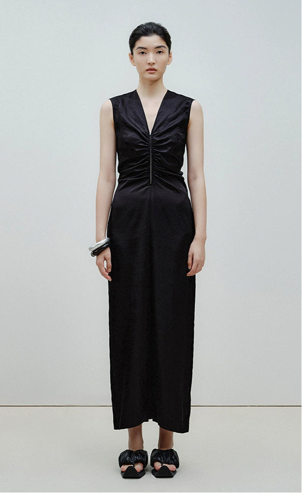 ZHUCHONGYUN  Black Zipper Pleated Design Slim Length Dress-WATANABE.