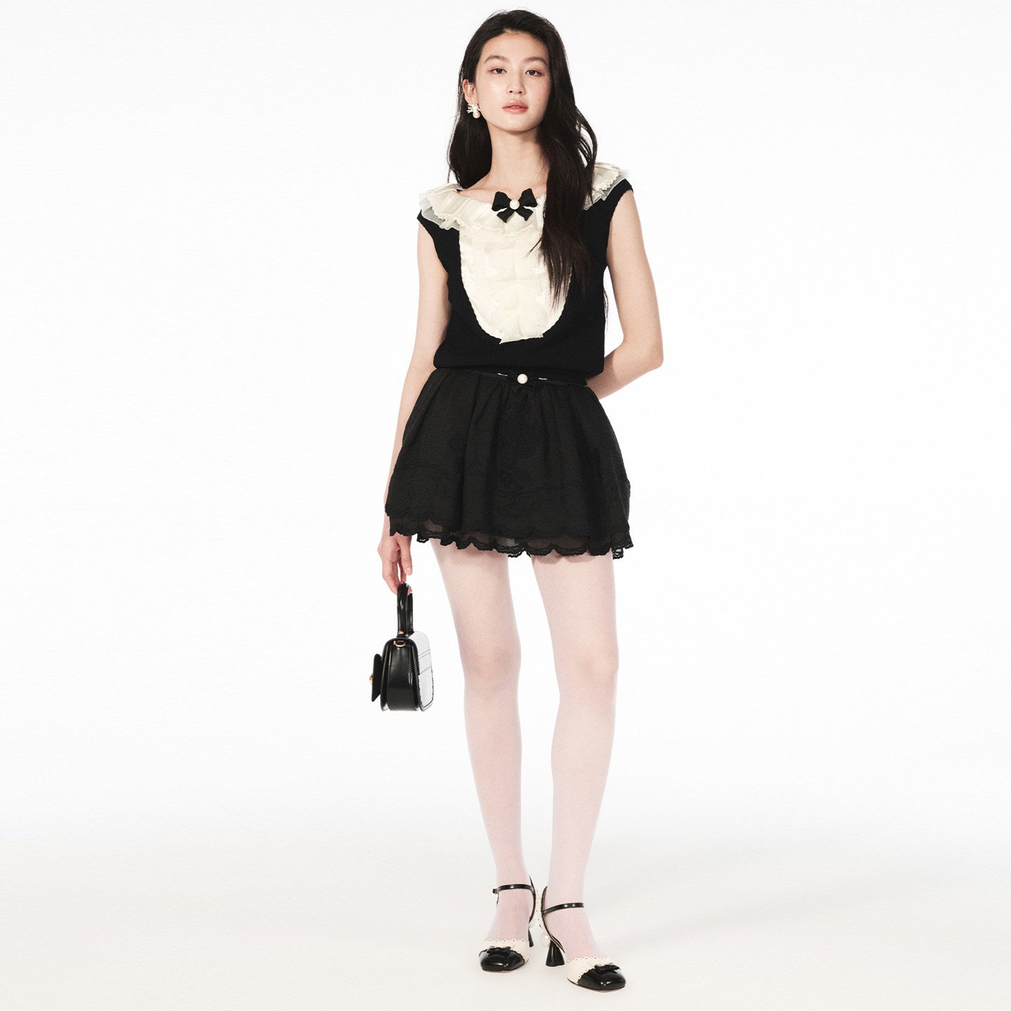 FAME ruffled collar patchwork knit top - AURORA