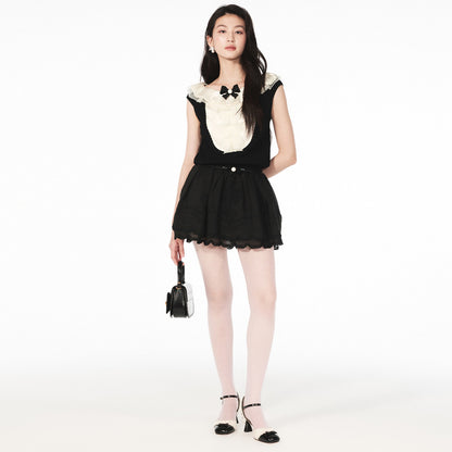 FAME ruffled collar patchwork knit top - AURORA