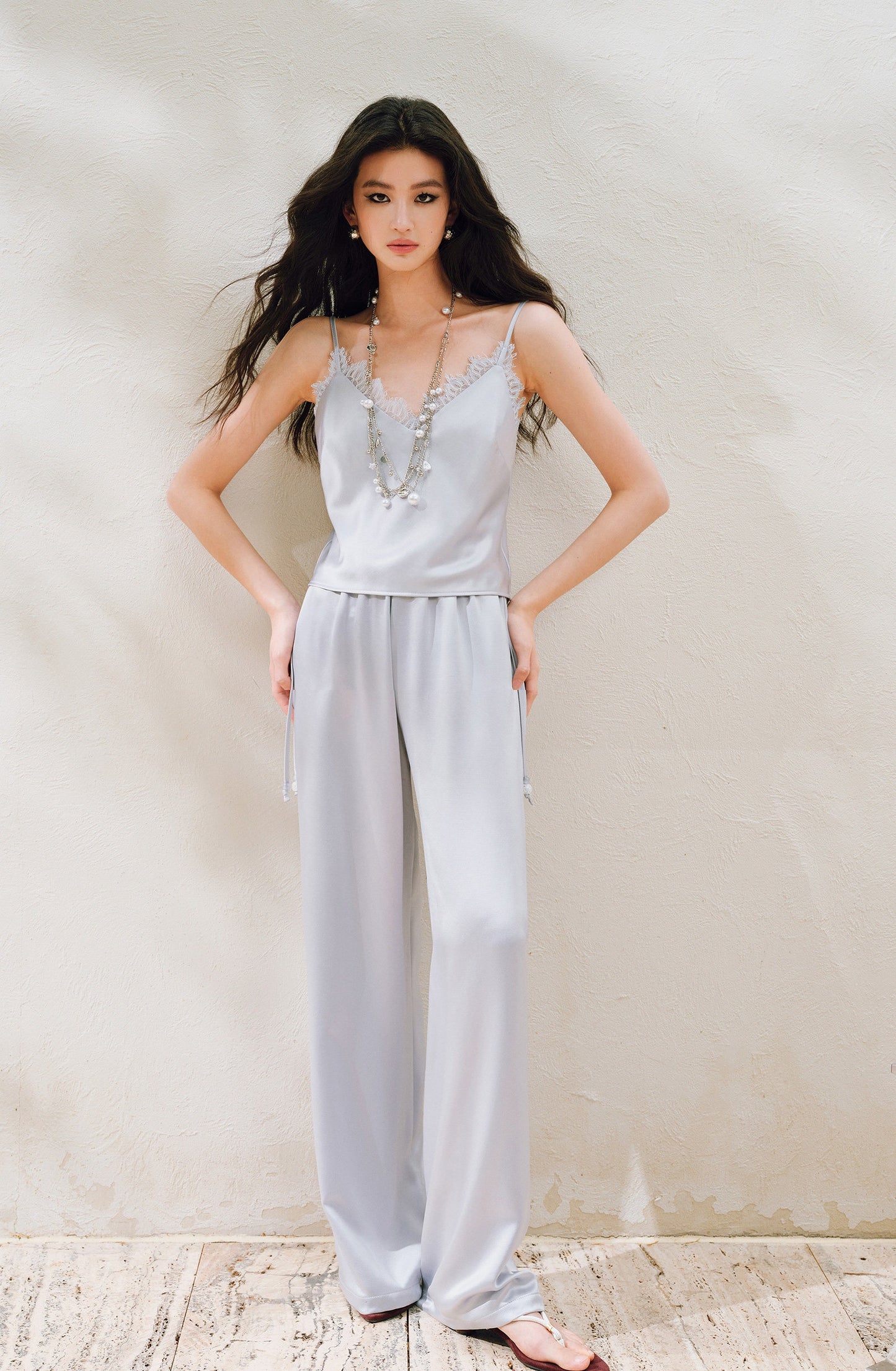 WANGXO | Hemp-Textured Acetate Satin  ight Luxury Lace Suspender, Shirt & Trousers Three-Piece Set- SARI