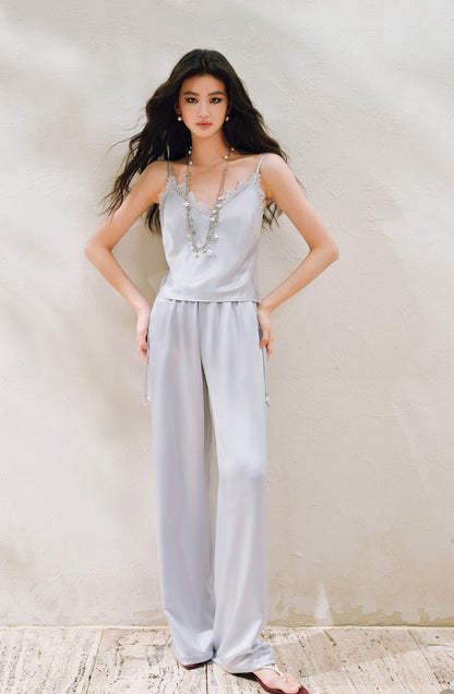 WANGXO | Hemp-Textured Acetate Satin  ight Luxury Lace Suspender, Shirt & Trousers Three-Piece Set- SARI