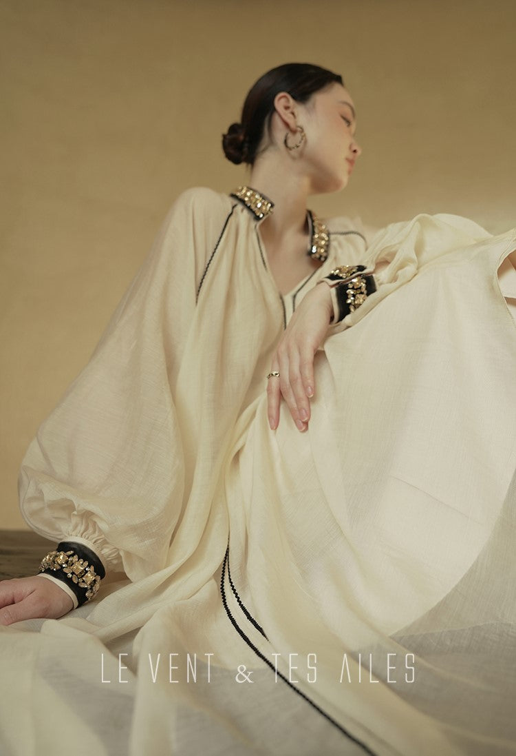 LE VENT&TES AILES retro Crystal embellished Premium Silhouette Tencel Beaded vacation Dress-YUTA