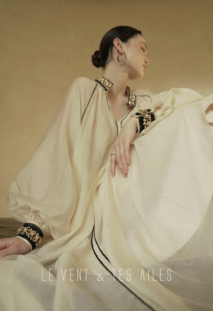 LE VENT&TES AILES retro Crystal embellished Premium Silhouette Tencel Beaded vacation Dress-YUTA