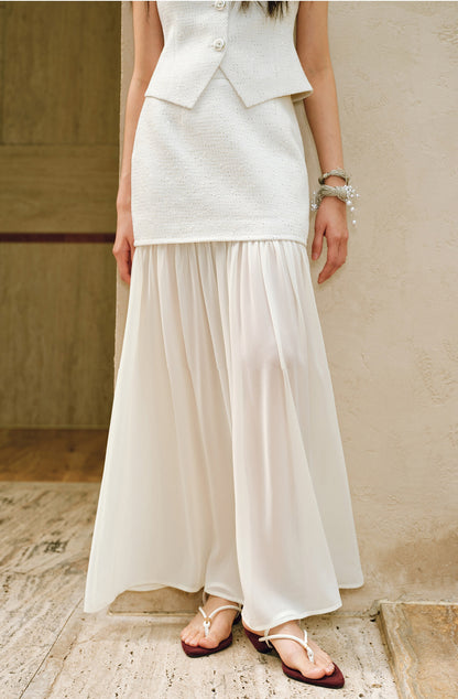 WANGXO |Light Georgette V-Neck Vest & Flowing  Skirt Suit Set-RINA