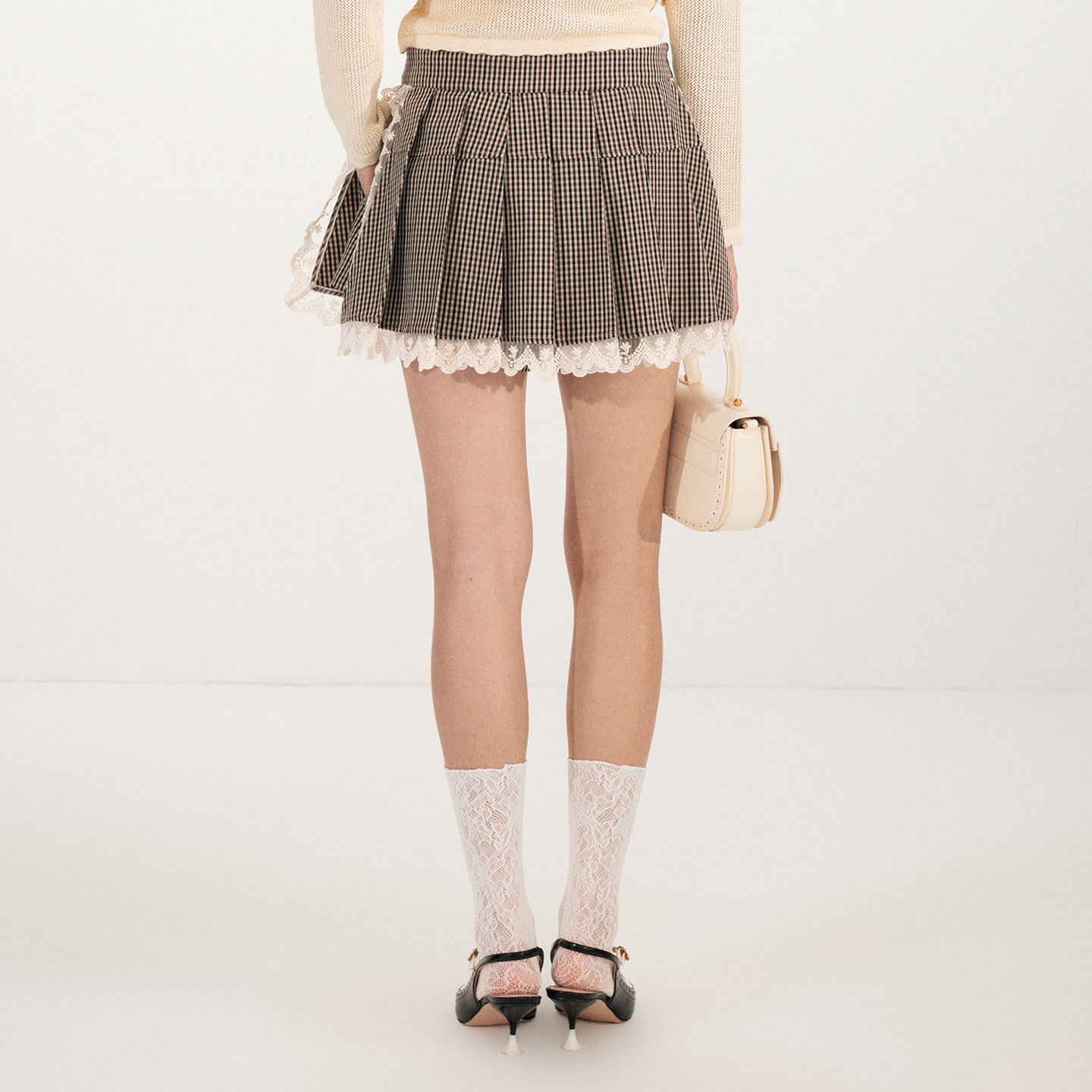FAME lace paneled embroidered trim plaid pleated skirt - RONAN.