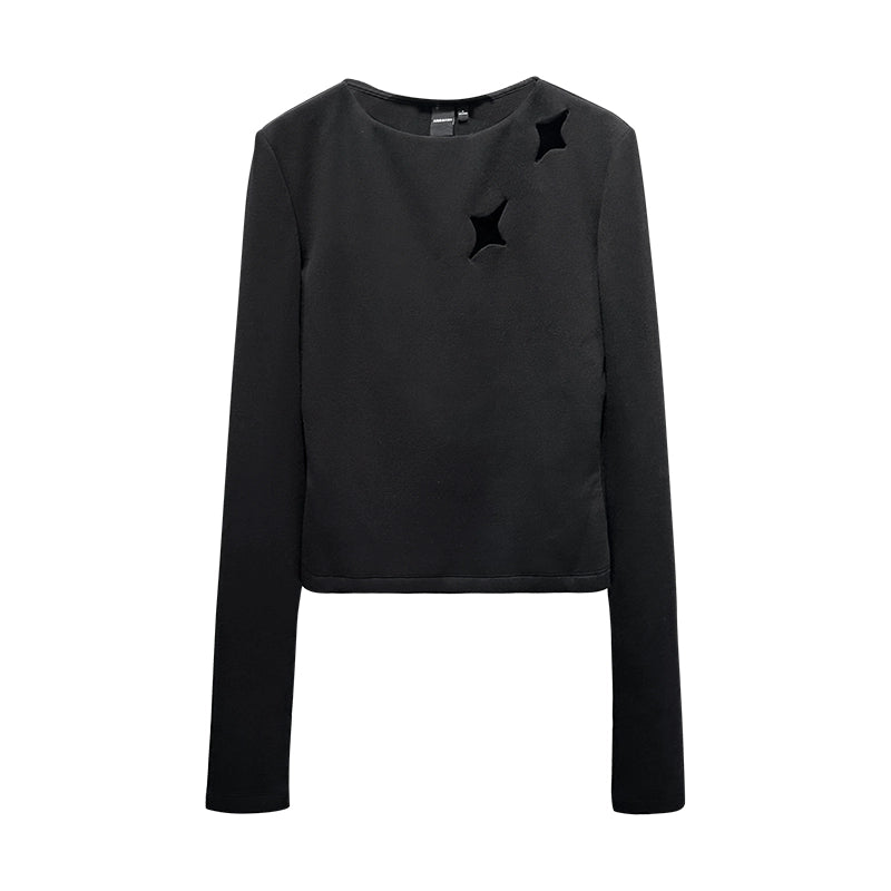ANNAKIKI women's black openwork four-pointed star long-sleeved T-shirt-SOPHIE